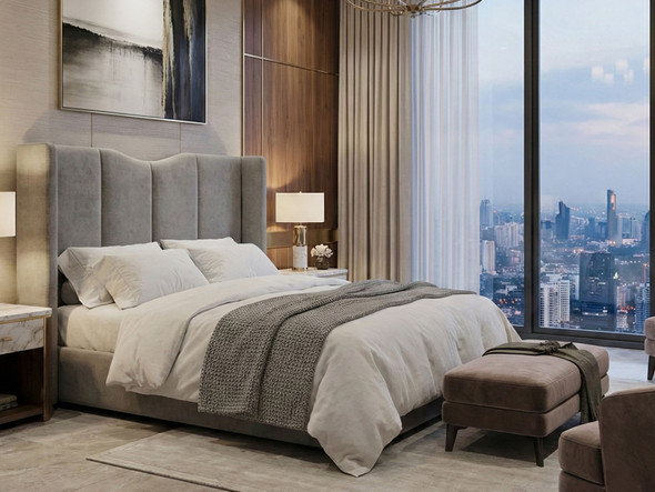 Orson ottoman bed featuring a wing design with wide vertical panels and an elegant inverted curve by Hush My Bed.